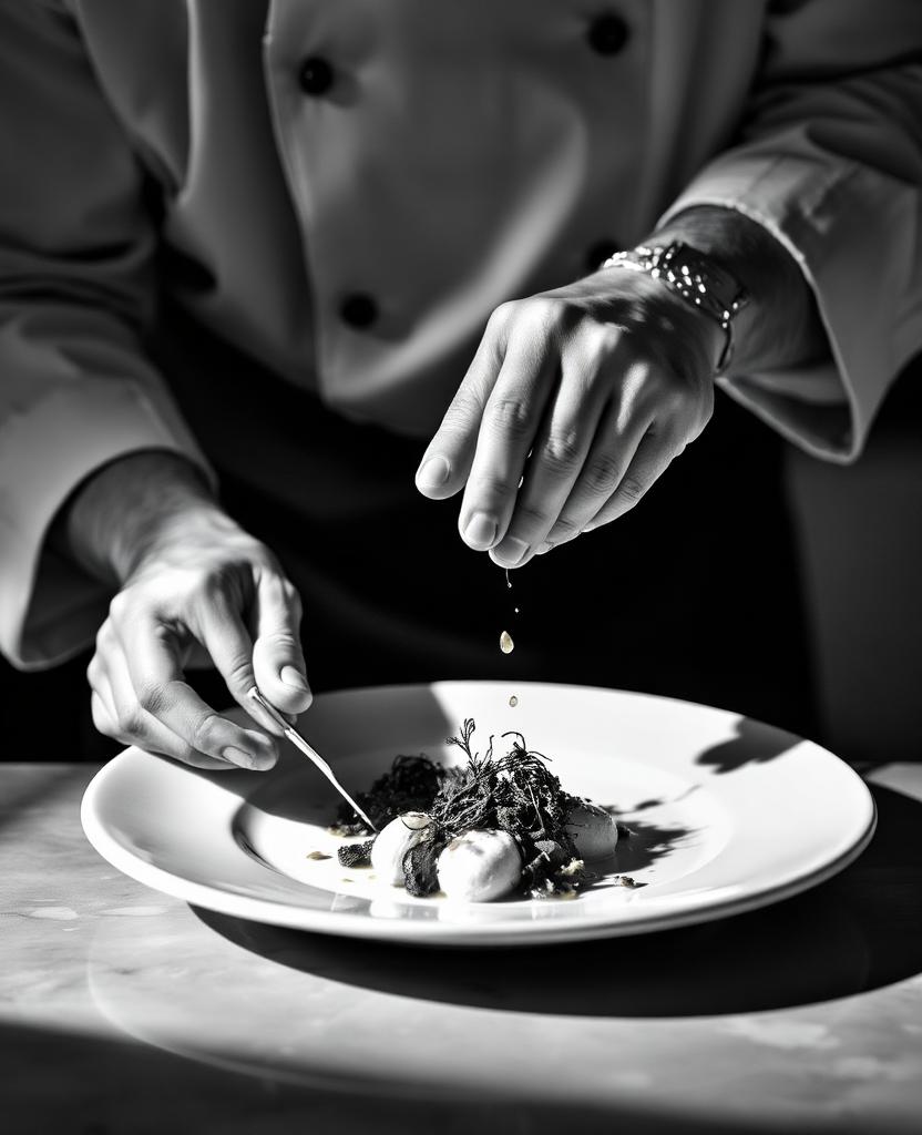 A chef plating
